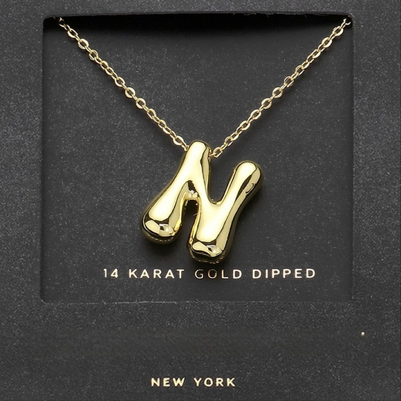 Gold "N" Bubble Monogram Pendant Chain Necklace Initial Charm 3D Casual - Picture 1 of 5